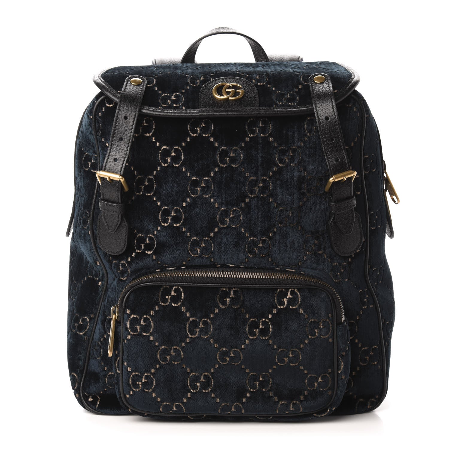 Gucci Velvet GG Monogram Textured Calfskin Web Small Double Buckle Backpack Blue Beige Black 1 of 10