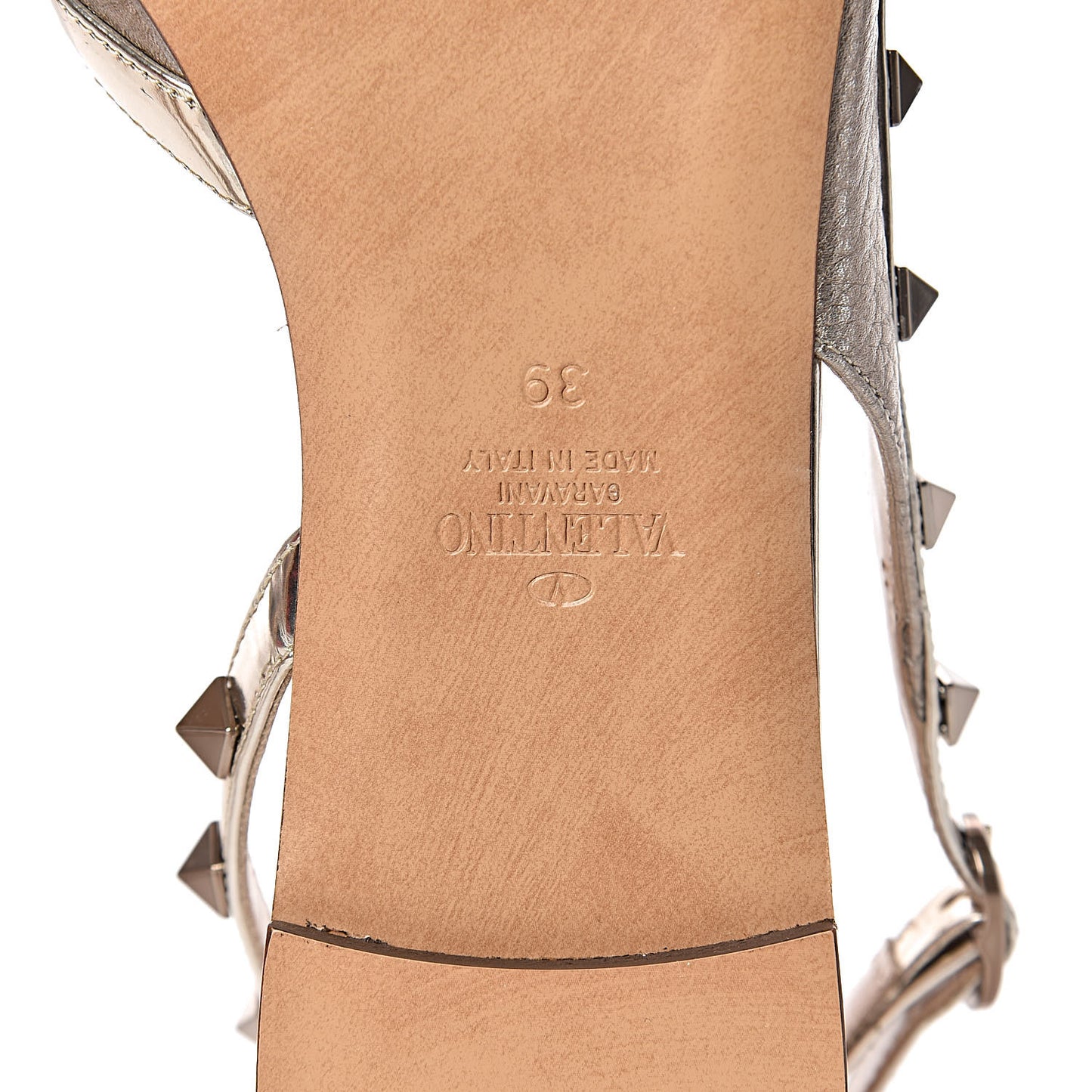 Metallic Pebbled Calfskin Patent Rockstud Slingback Flats 38 Skin