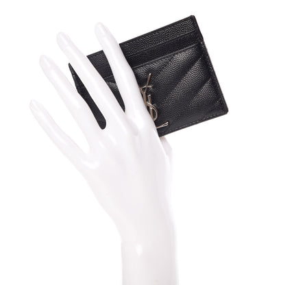Saint Laurent Grain De Poudre Matelasse Chevron Monogram Credit Card Case Black 2 of 10