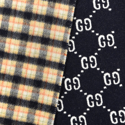 Gucci Wool GG Monogram Plaid Rise Reversible Fringe Scarf Midnight Blue Cream 3 of 4