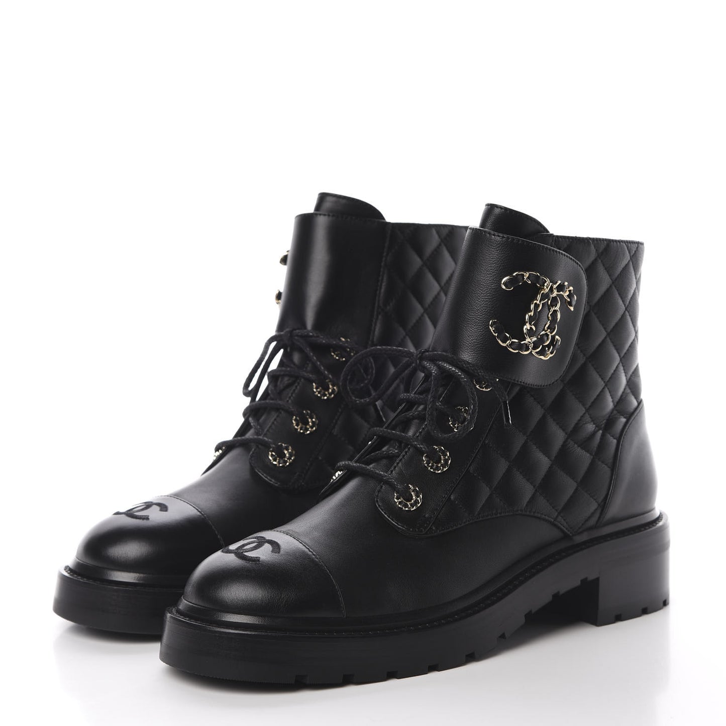 Shiny Goatskin Calfskin Quilted Lace Up Combat Boots 40 Black