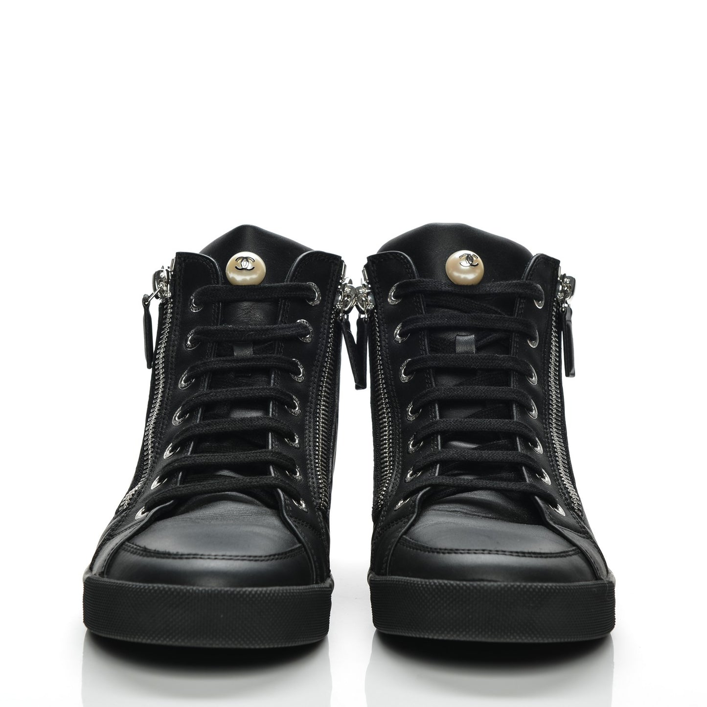 Calfskin Pearl High Top CC Sneakers 36 Black