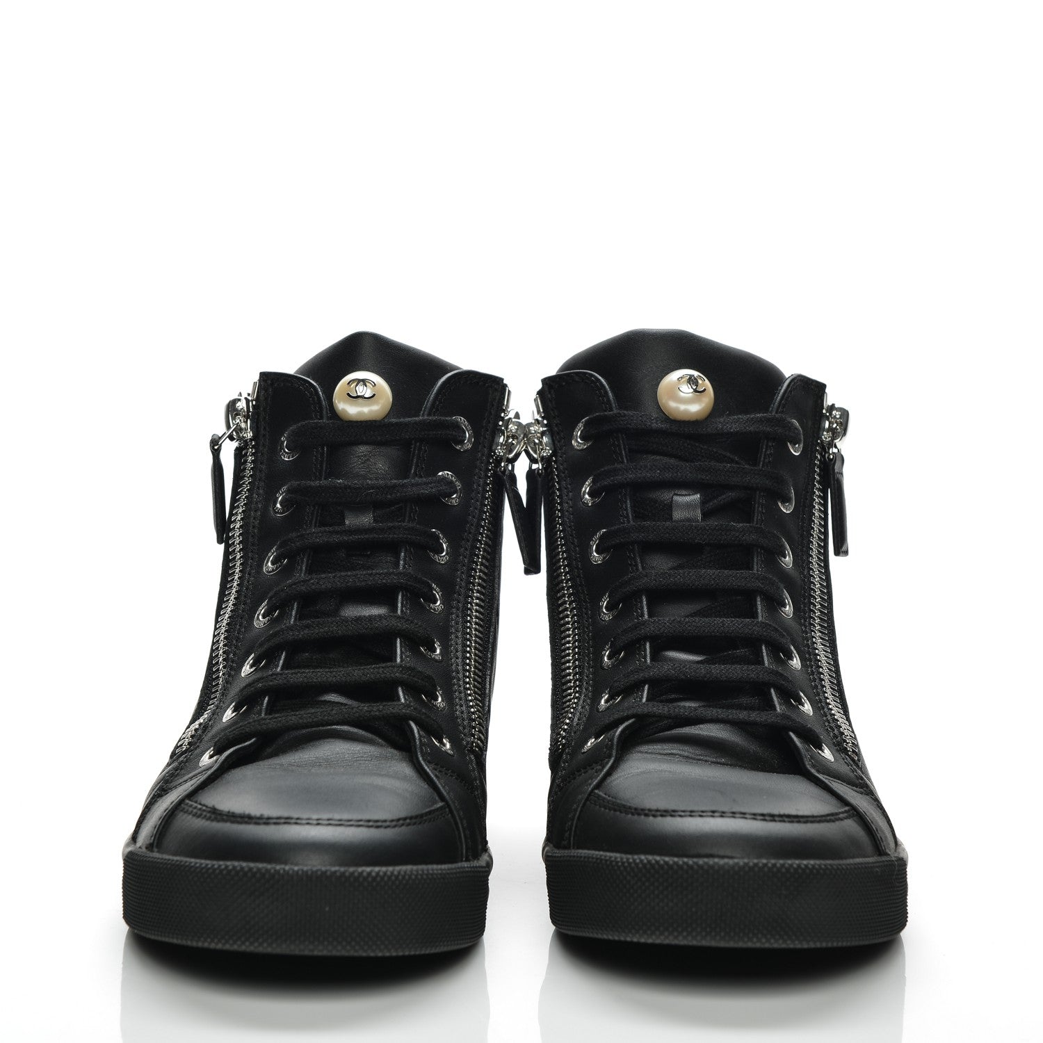 Chanel Calfskin Pearl High Top CC Sneakers 36 Black 2 of 8