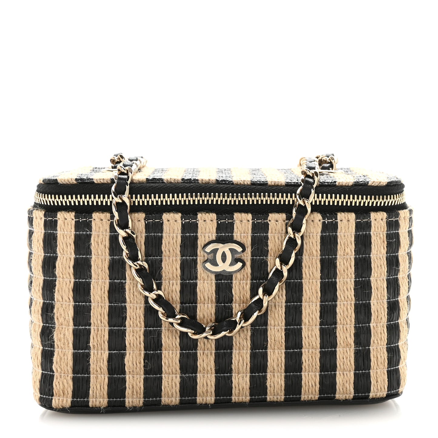 Raffia Jute Striped Small Vanity Case With Chain Black Beige