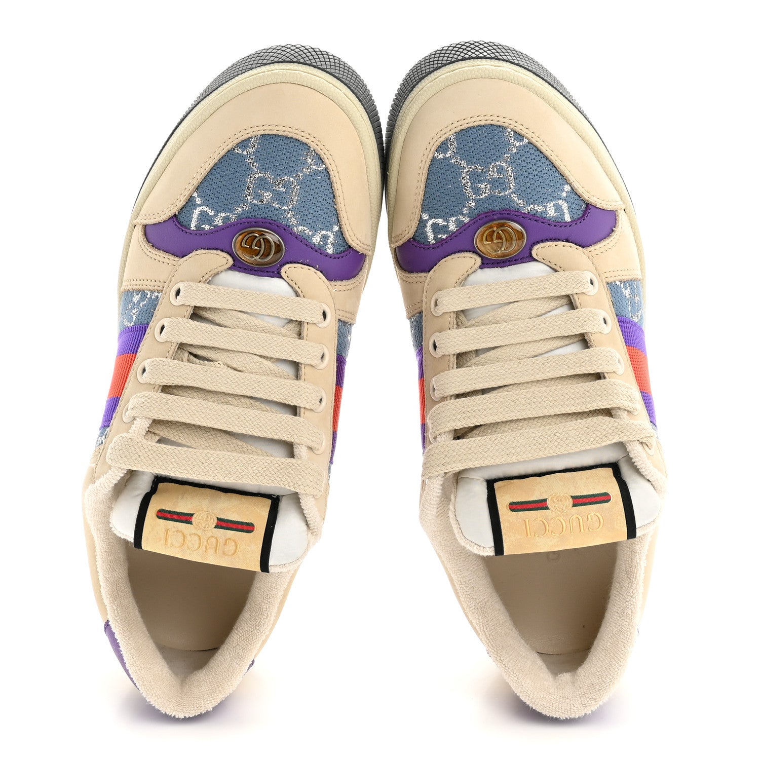 Gucci Calfskin Lame GG Monogram Web Womens Screener Sneakers 36 Blue Silver Dusty Milk Shine Purple 2 of 10