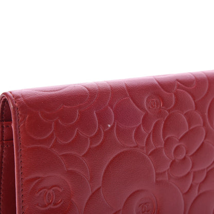 Chanel Lambskin Camellia Embossed Yen Wallet Dark Red 9 of 9