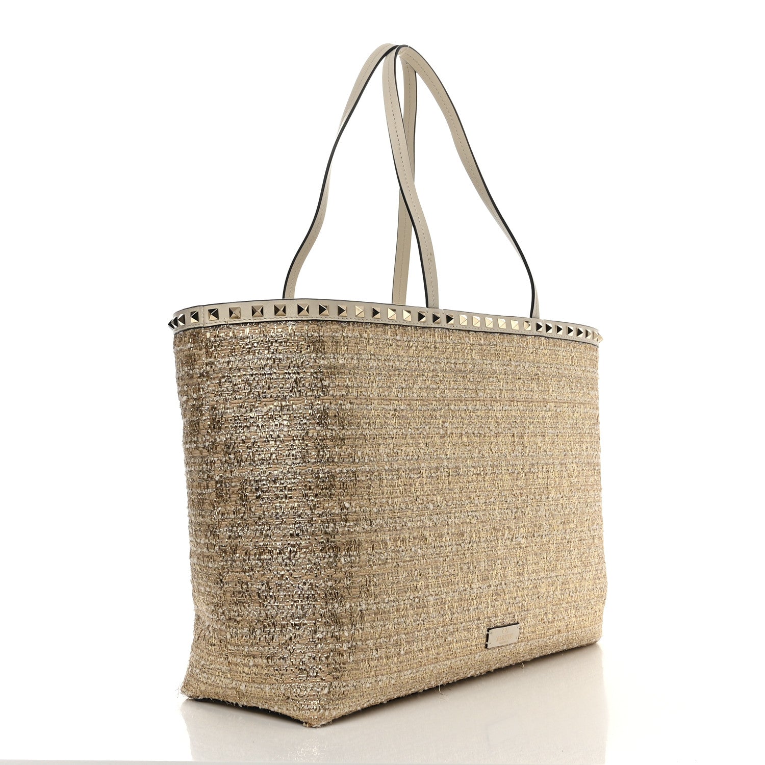 Valentino Garavani Metallic Boucle Raffia Calfskin Rockstud Shoulder Tote White Gold Ivory 3 of 9