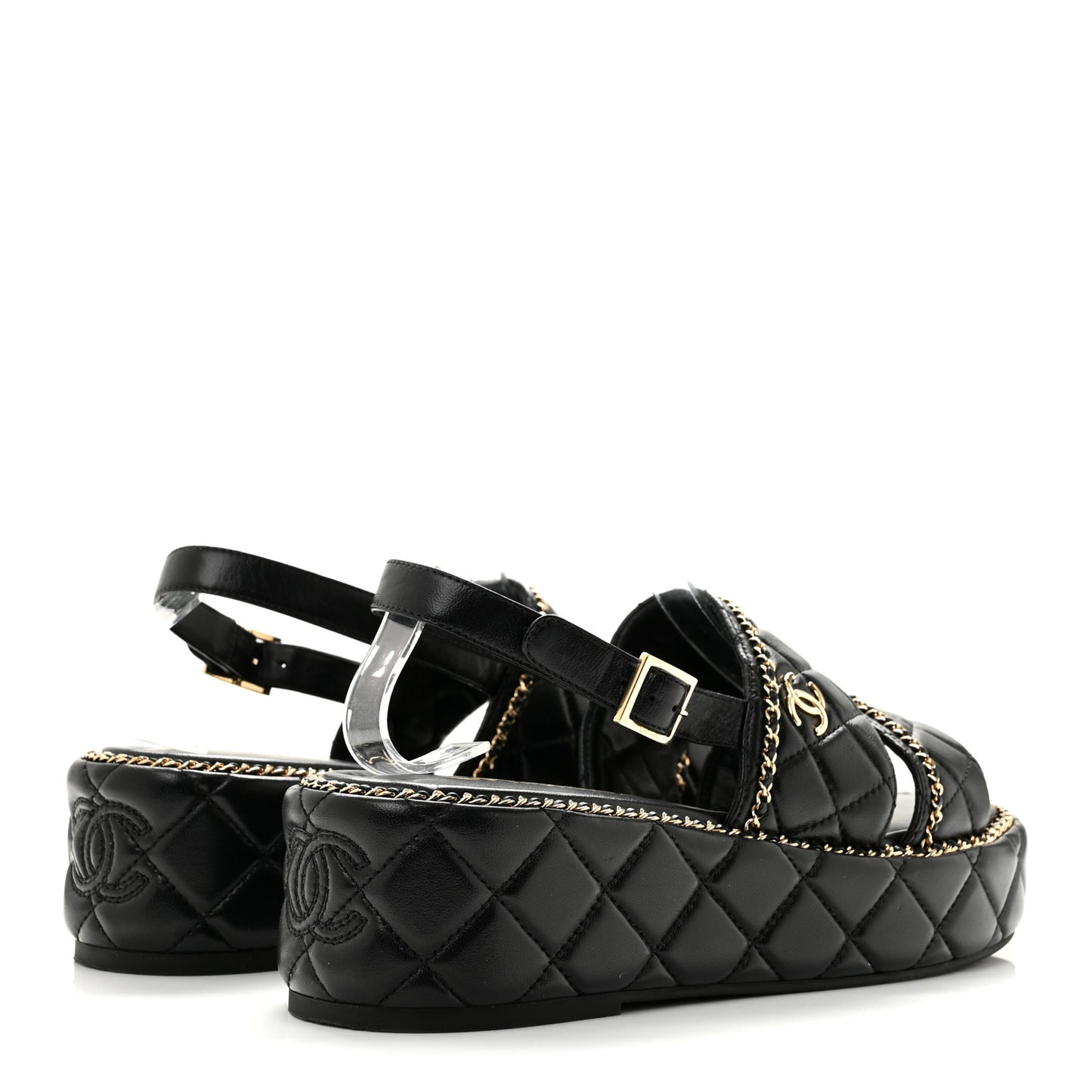 Shiny Lambskin Quilted Chain Around CC Platform Sandals 40 Black