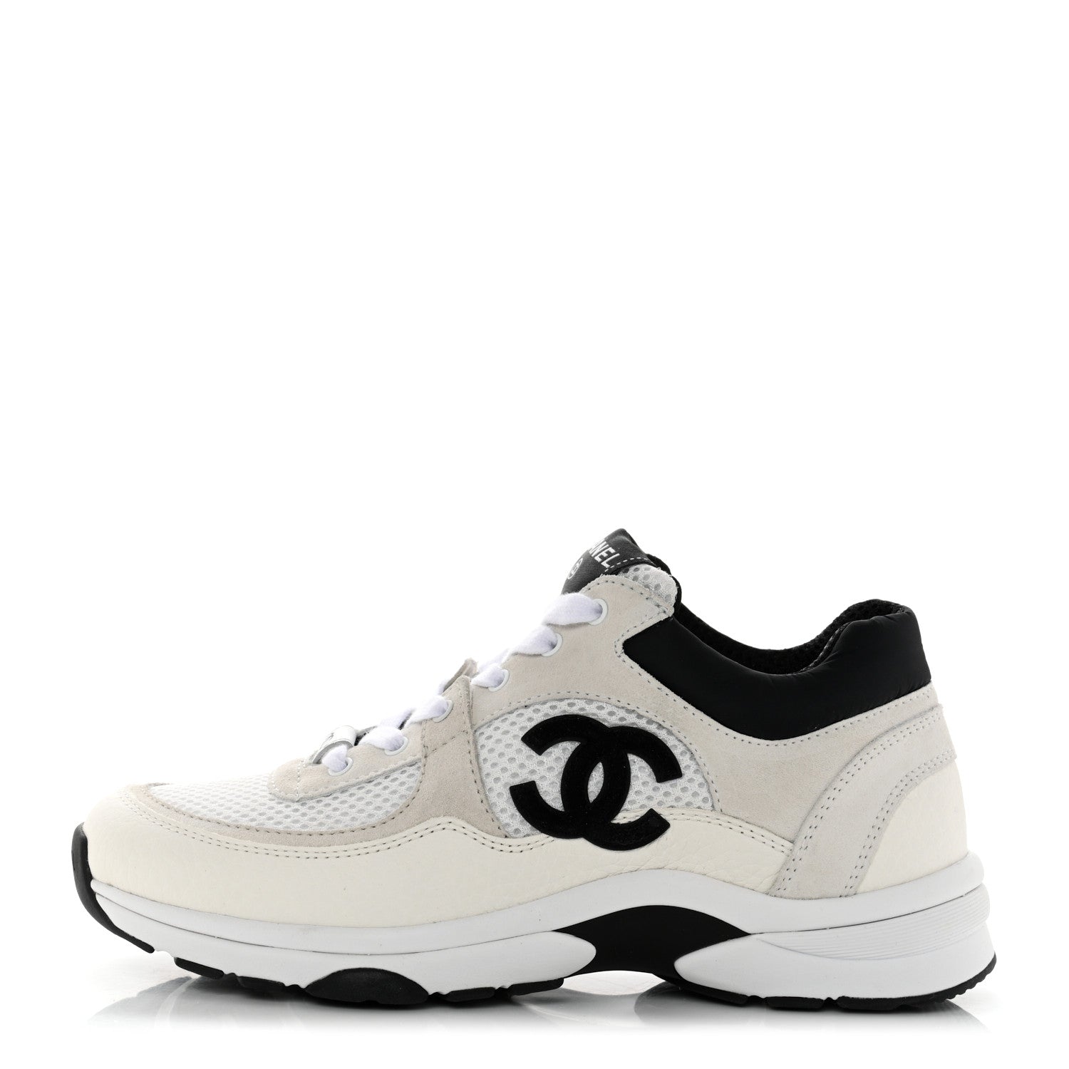 Chanel Mesh Suede Calfskin Grained Calfskin Womens CC Sneakers 36.5 White Black 1 of 9
