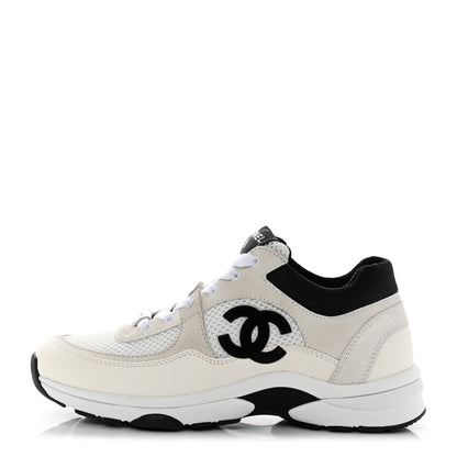 Chanel Mesh Suede Calfskin Grained Calfskin Womens CC Sneakers 36.5 White Black 1 of 9