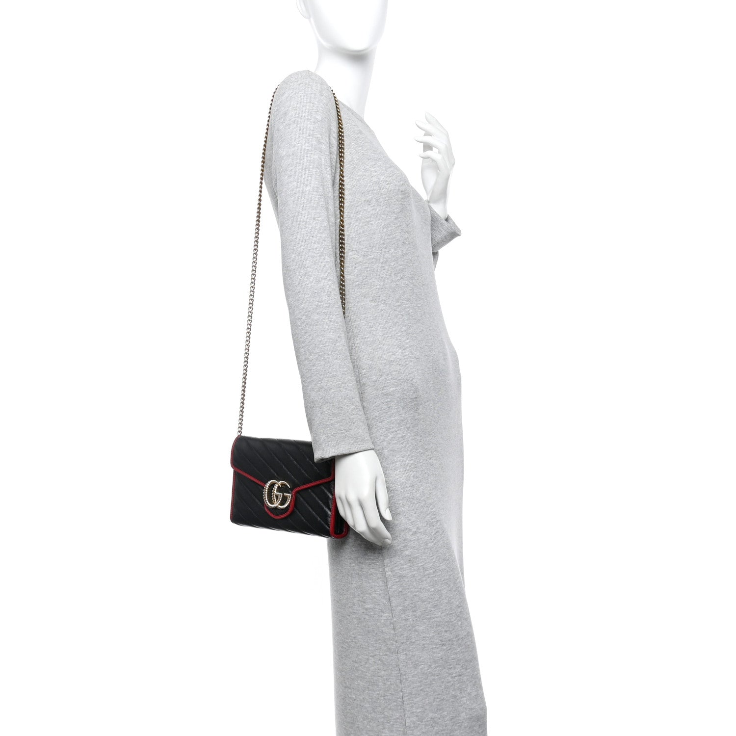 Gucci Vintage Effect Calfskin Matelasse Diagonal Torchon GG Marmont Chain Wallet Black Romantic Cherry 2 of 12