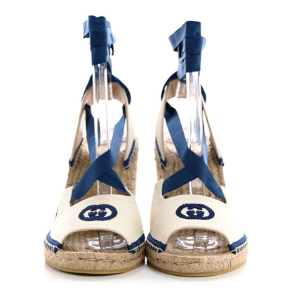 Gucci Canvas GG Ankle Wrap Platform Espadrille Wedges 40 Mystic White Royale Blue 3 of 10