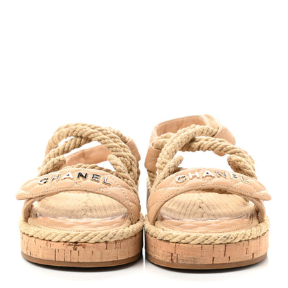Chanel Cord Lambskin Quilted Logo Sandals 37 Beige 2 of 8