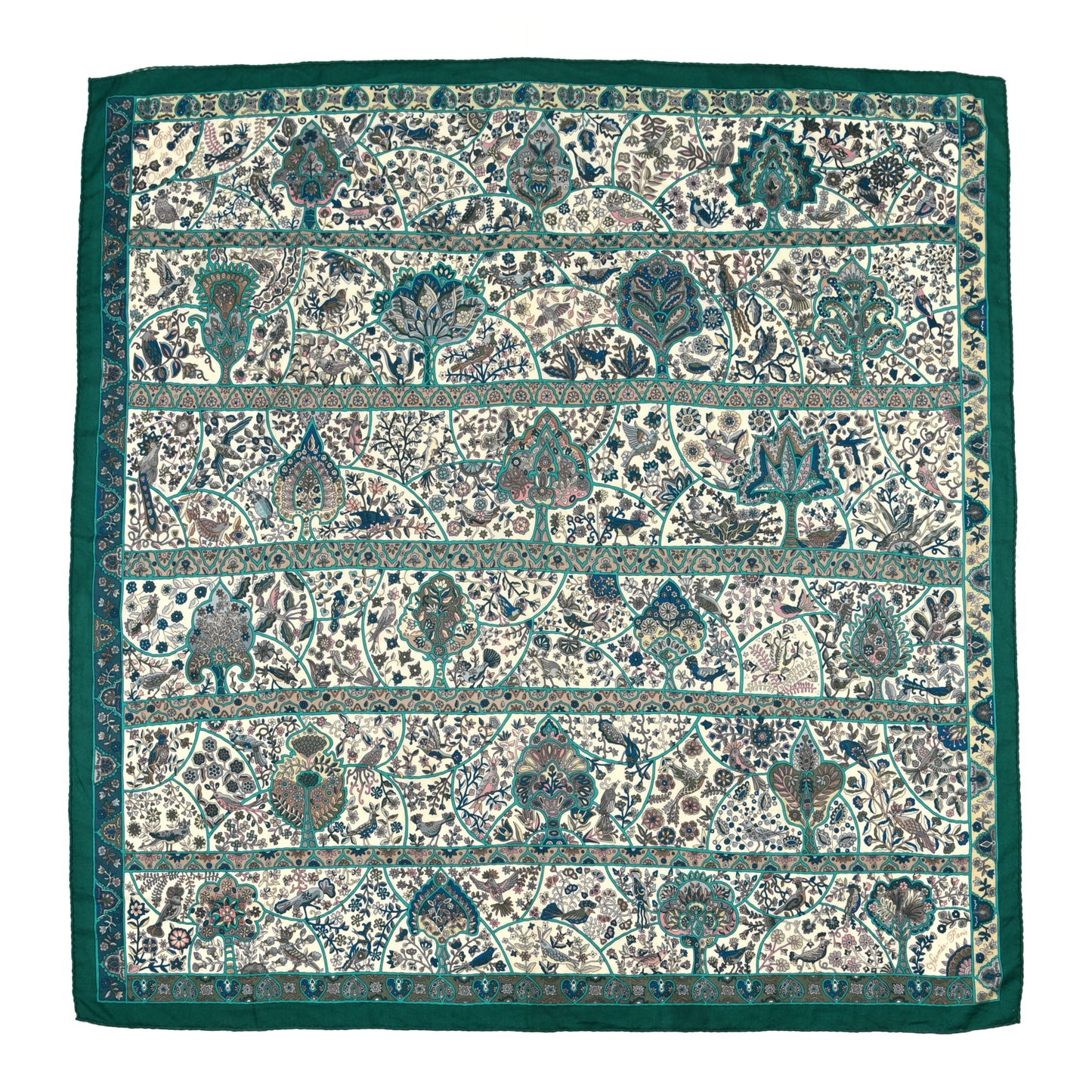 Cashmere Silk Au Pays Des Oiseaux Fleurs Shawl 140 Vert White Turquoise