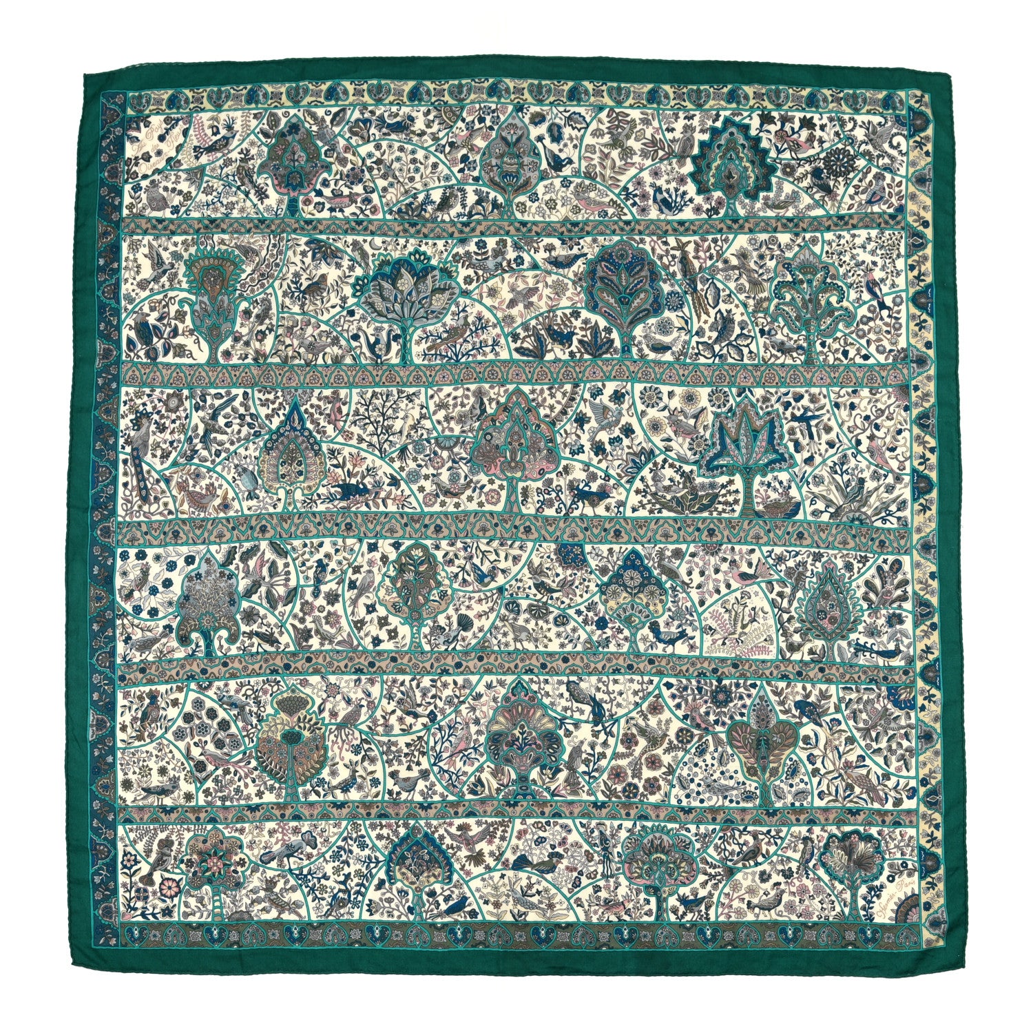 Hermes Cashmere Silk Au Pays Des Oiseaux Fleurs Shawl 140 Vert White Turquoise 1 of 9