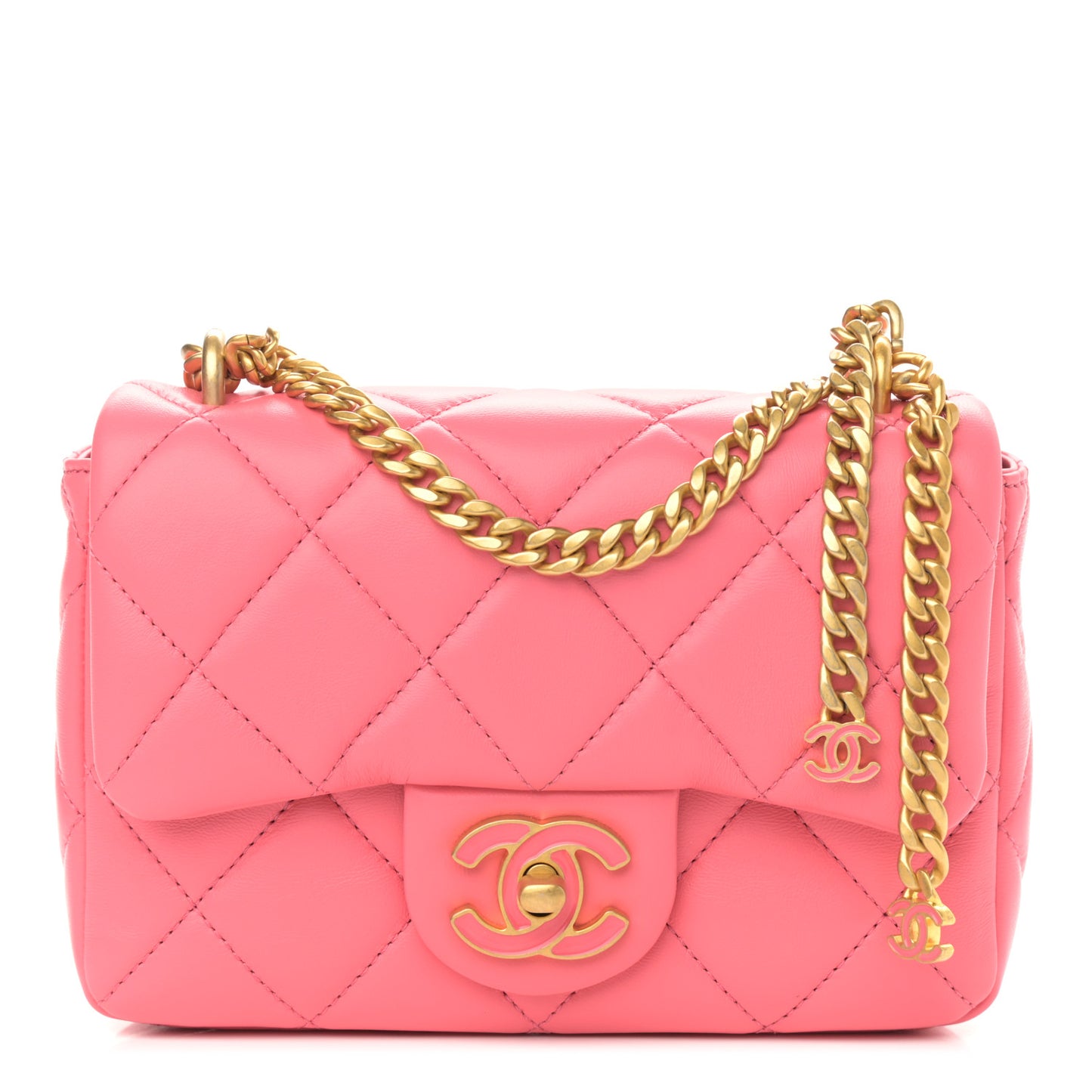 Lambskin Enamel Quilted Pending CC Mini Square Flap Pink