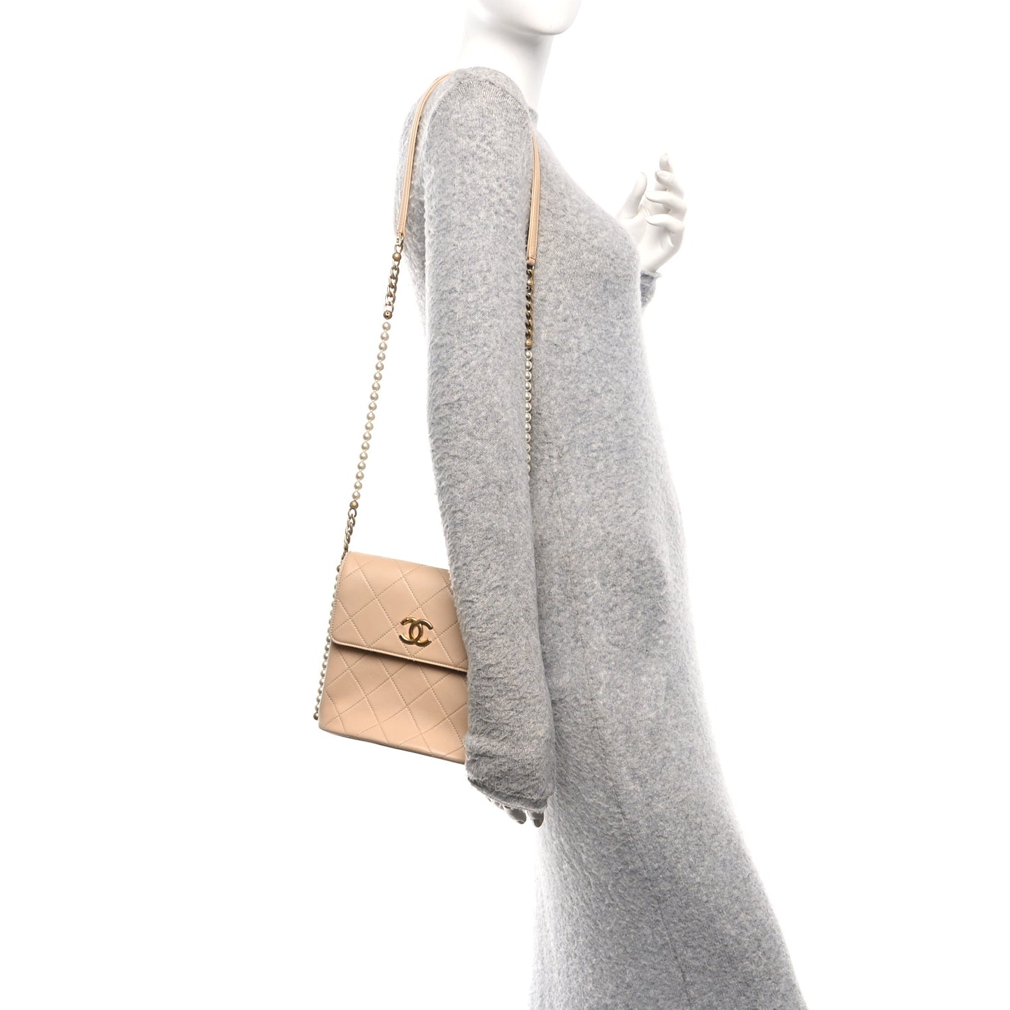 Calfskin Quilted Pearl Small Hobo Bag Beige