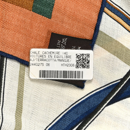 Hermes Cashmere Silk Voitures en Equilibre Shawl 140 Terracotta Mangue Vert Amande 2 of 3