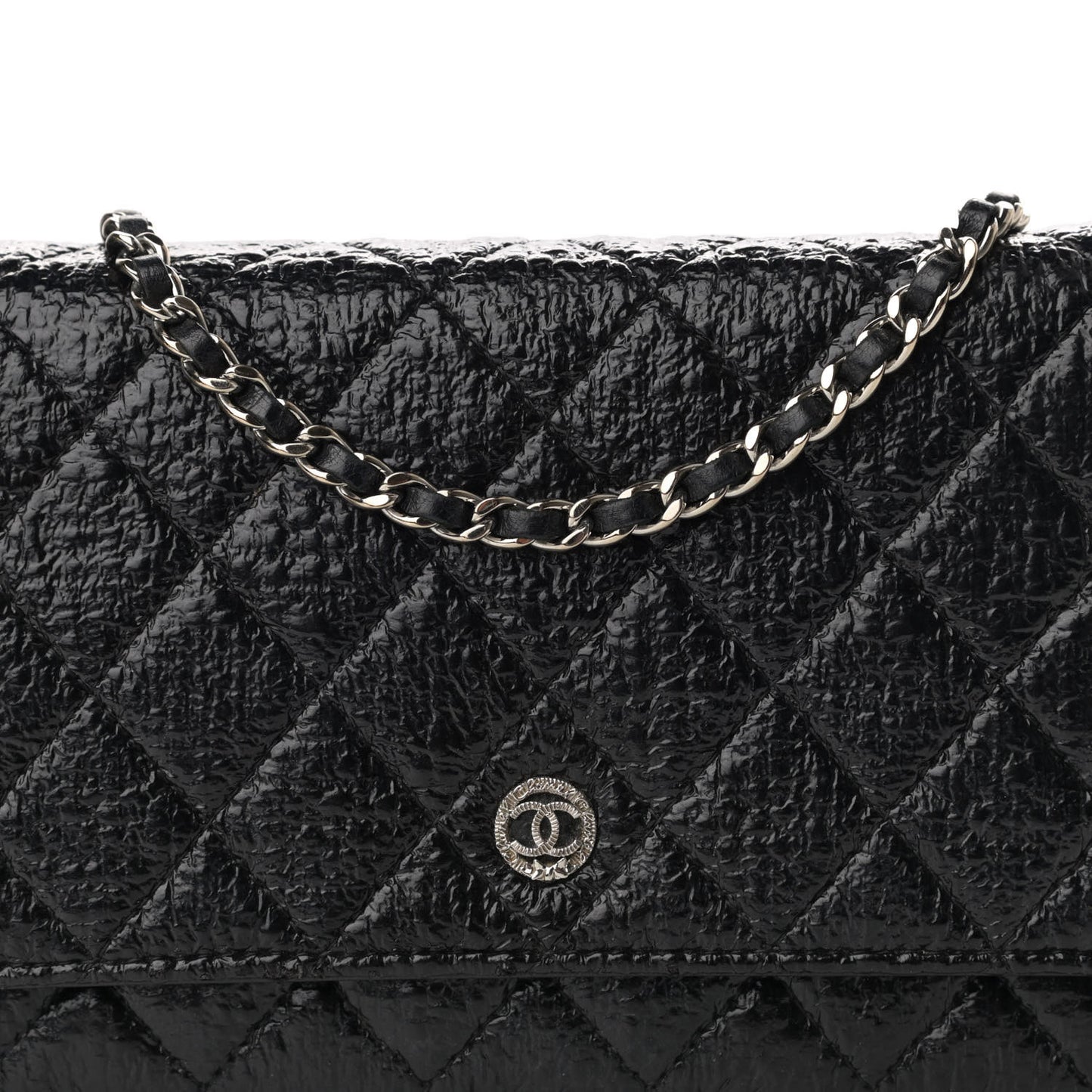 Distressed Patent Calfskin Quilted Wallet on Chain WOC Black