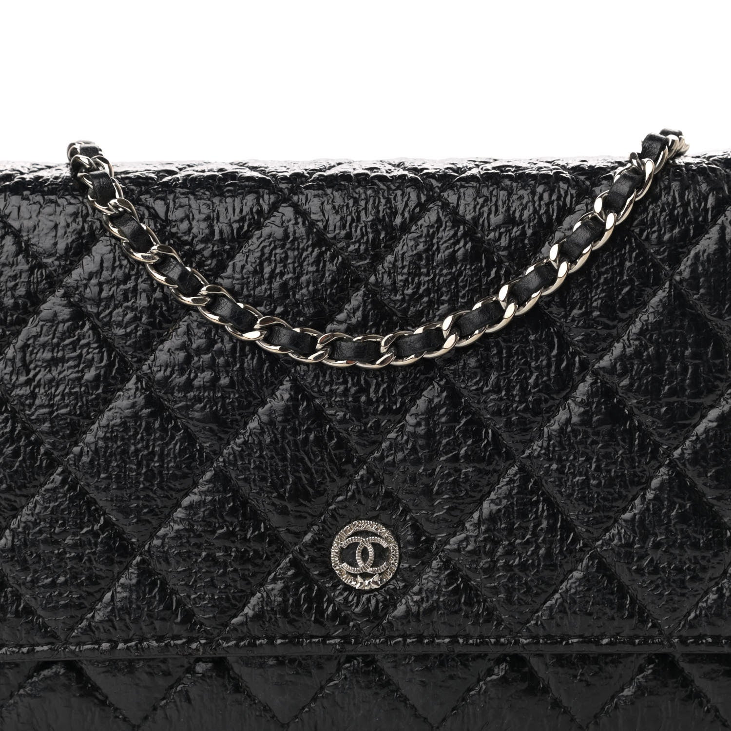 Chanel Distressed Patent Calfskin Quilted Wallet on Chain WOC Black 8 of 11