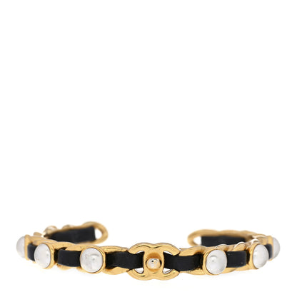Chanel Lambskin Pearl CC Cuff Bracelet M Black Gold 1 of 3