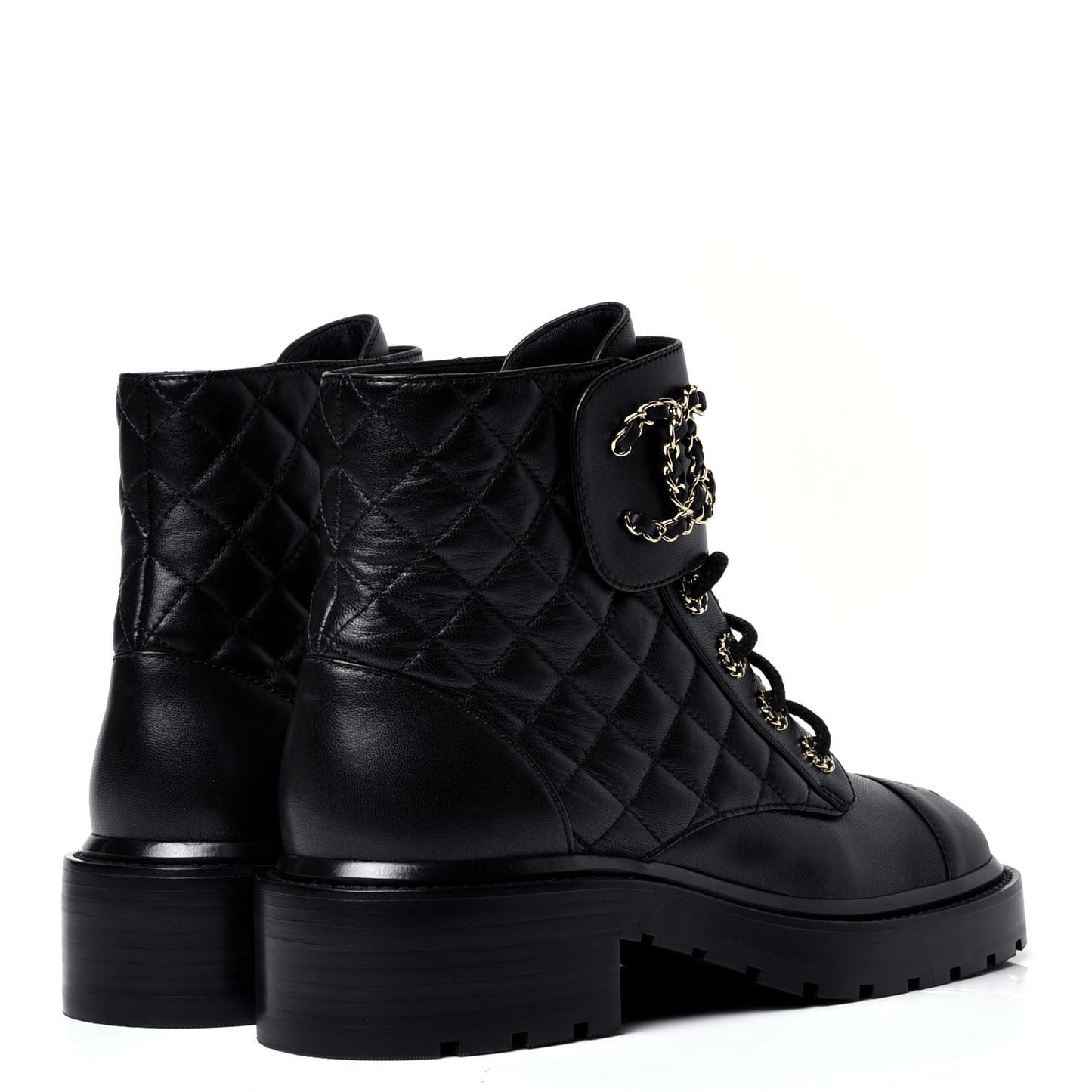 Shiny Lambskin Quilted Lace Up Combat Boots 37.5 Black