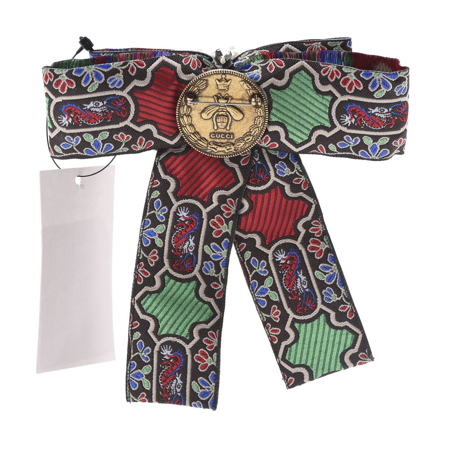 Jacquard Ribbon Metal Crystal Bow Brooch Multicolor
