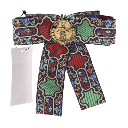 Gucci Jacquard Ribbon Metal Crystal Bow Brooch Multicolor 3 of 4