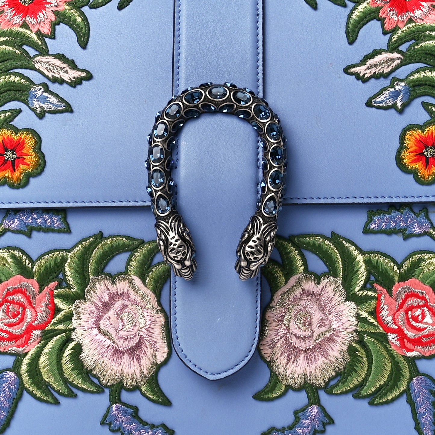 Moon Calfskin Crystal Web Embroidered Large Dionysus Bamboo Top Handle Bag Clear Sky Blue Multicolor