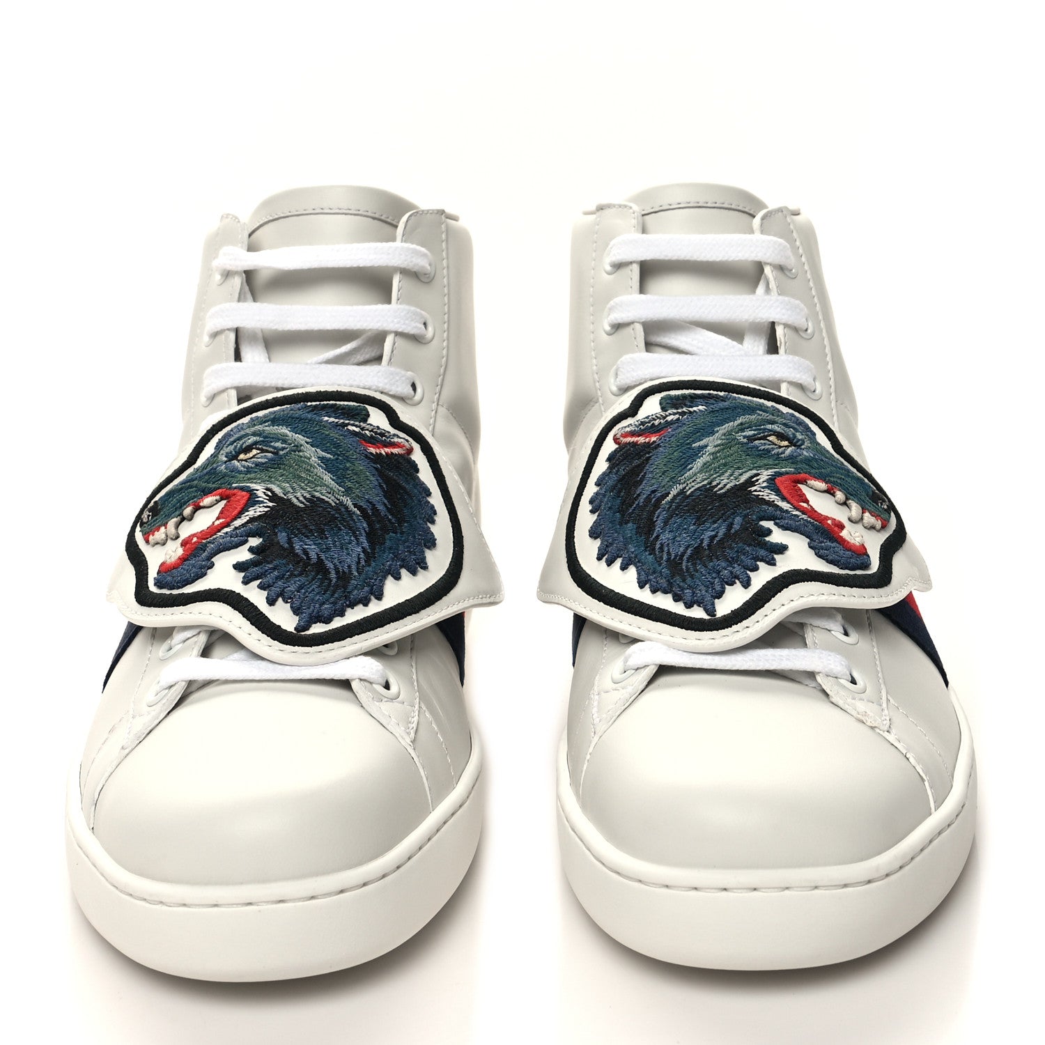 Gucci Calfskin Web Wolf Removable Patches Mens Ace High Top Sneakers 8.5 White 2 of 9