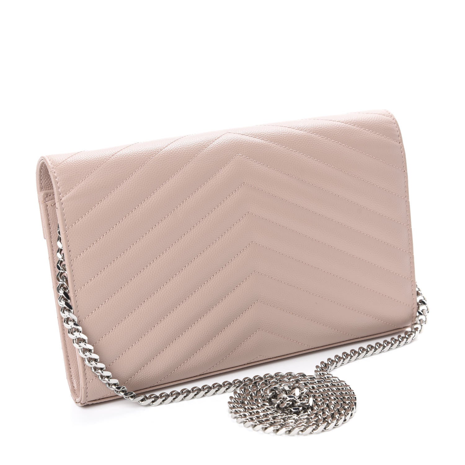 Saint Laurent Grain De Poudre Matelasse Chevron Monogram Chain Wallet Pale Pink 3 of 9