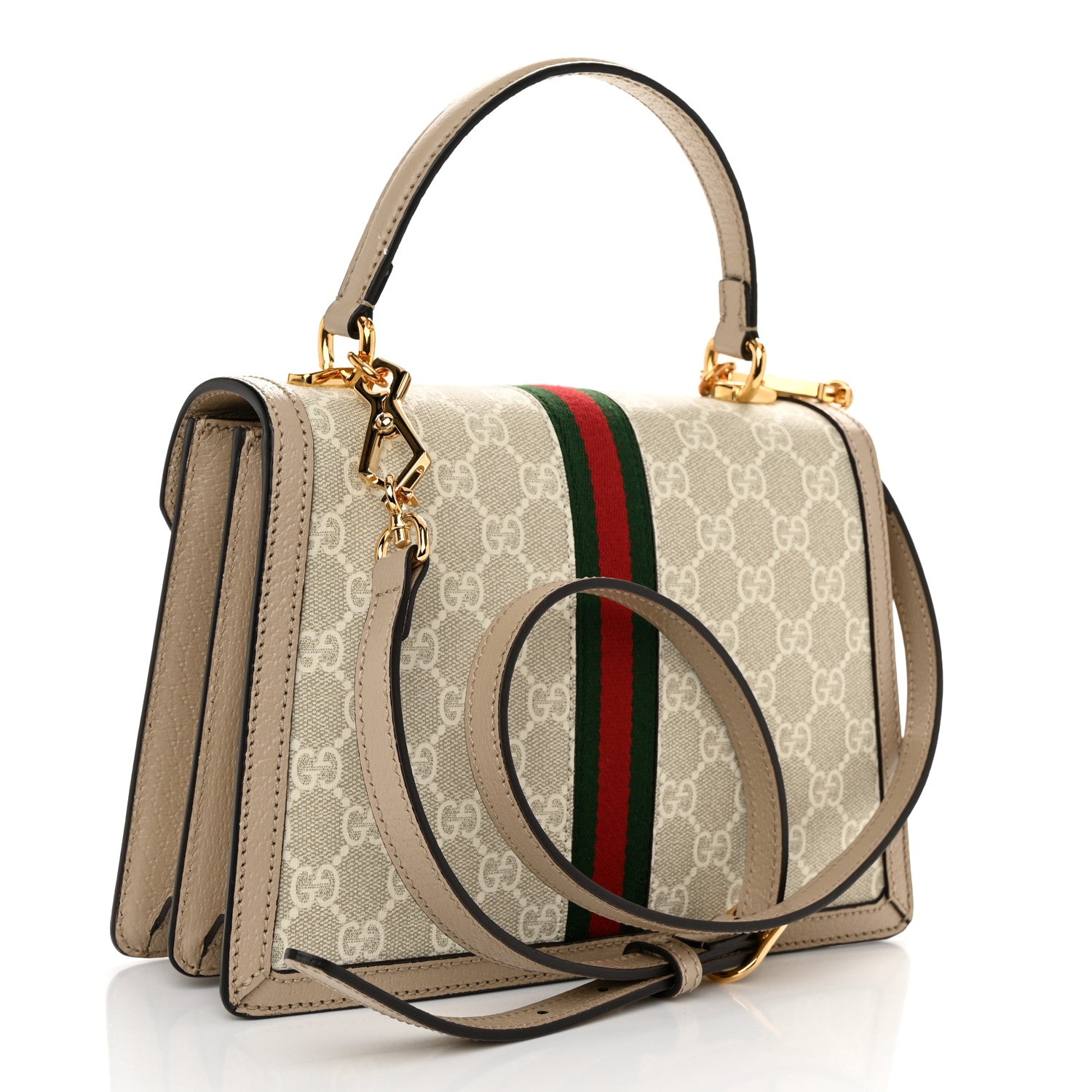 Gucci GG Supreme Monogram Textured Dollar Calfskin Web Small Ophidia Padlock Top Handle Bag Beige Mystic White Oatmeal 3 of 10