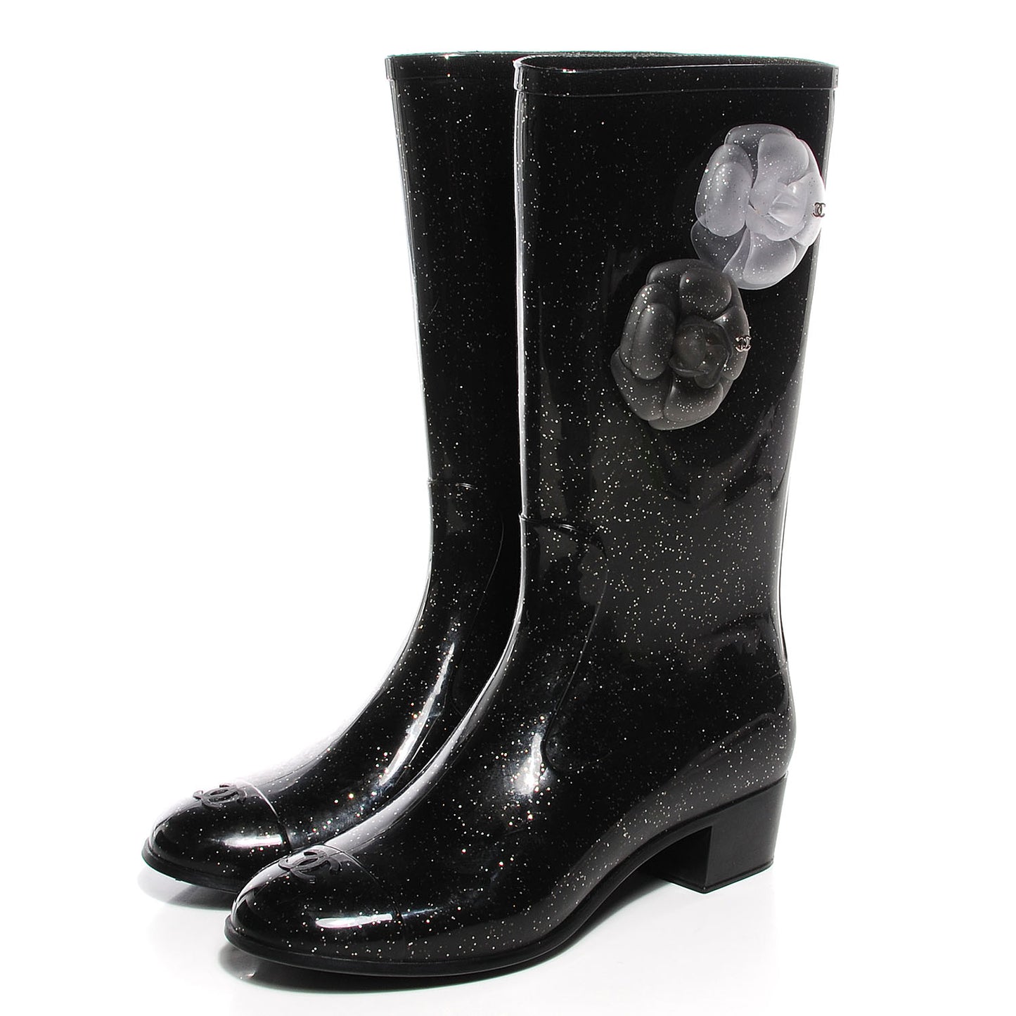Rubber Glitter Camellia Rain Boots 39 Black