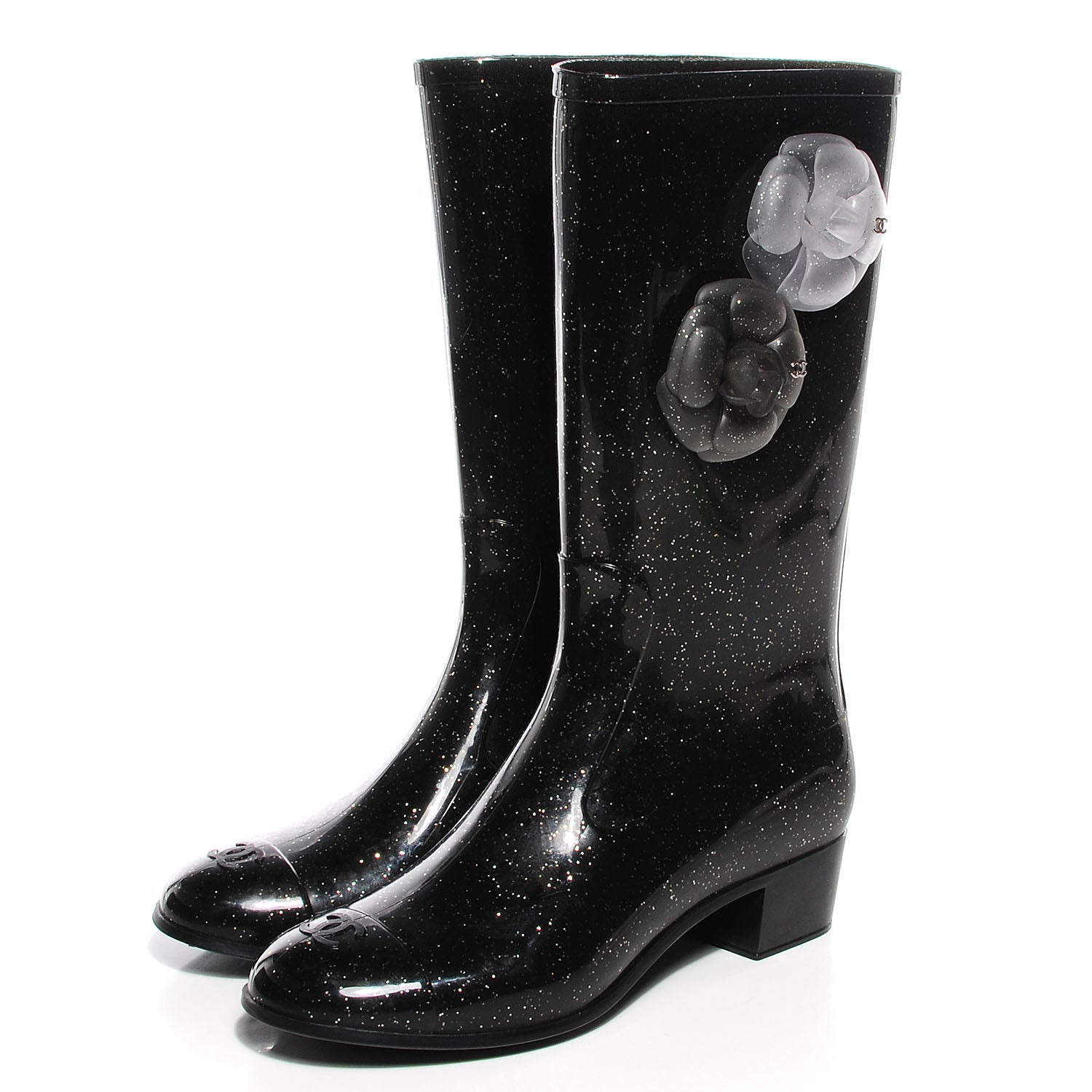 Chanel Rubber Glitter Camellia Rain Boots 39 Black 3 of 7