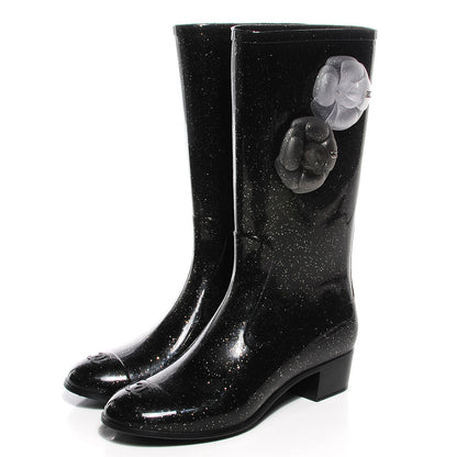 Chanel Rubber Glitter Camellia Rain Boots 39 Black 3 of 7