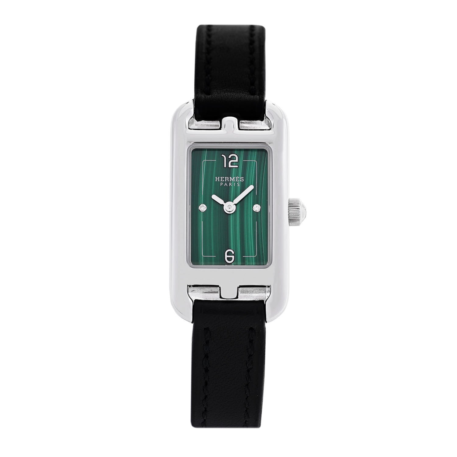 Hermes Stainless Steel Barenia Diamond Malachite 17mm Nantucket Quartz Watch Noir 1 of 5