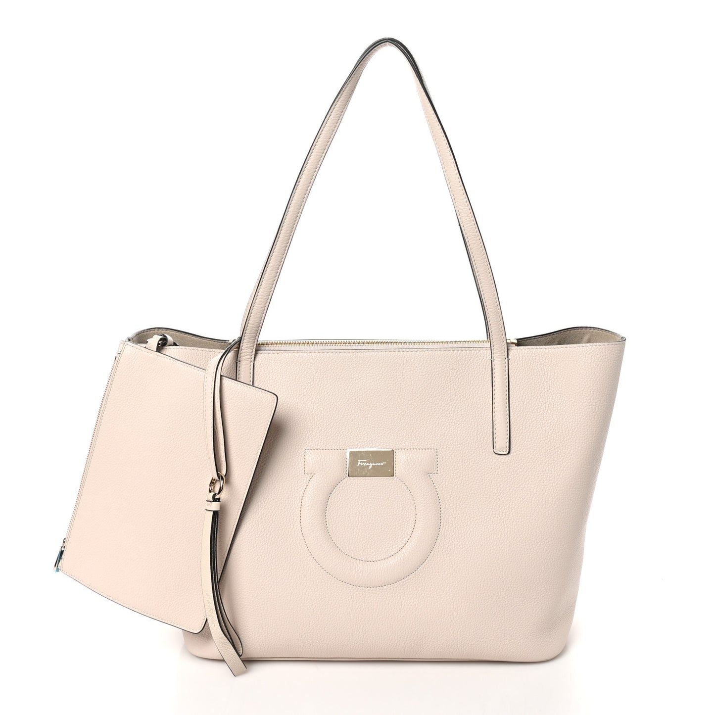 Grainy Calfskin Medium Gancini Tote Bone