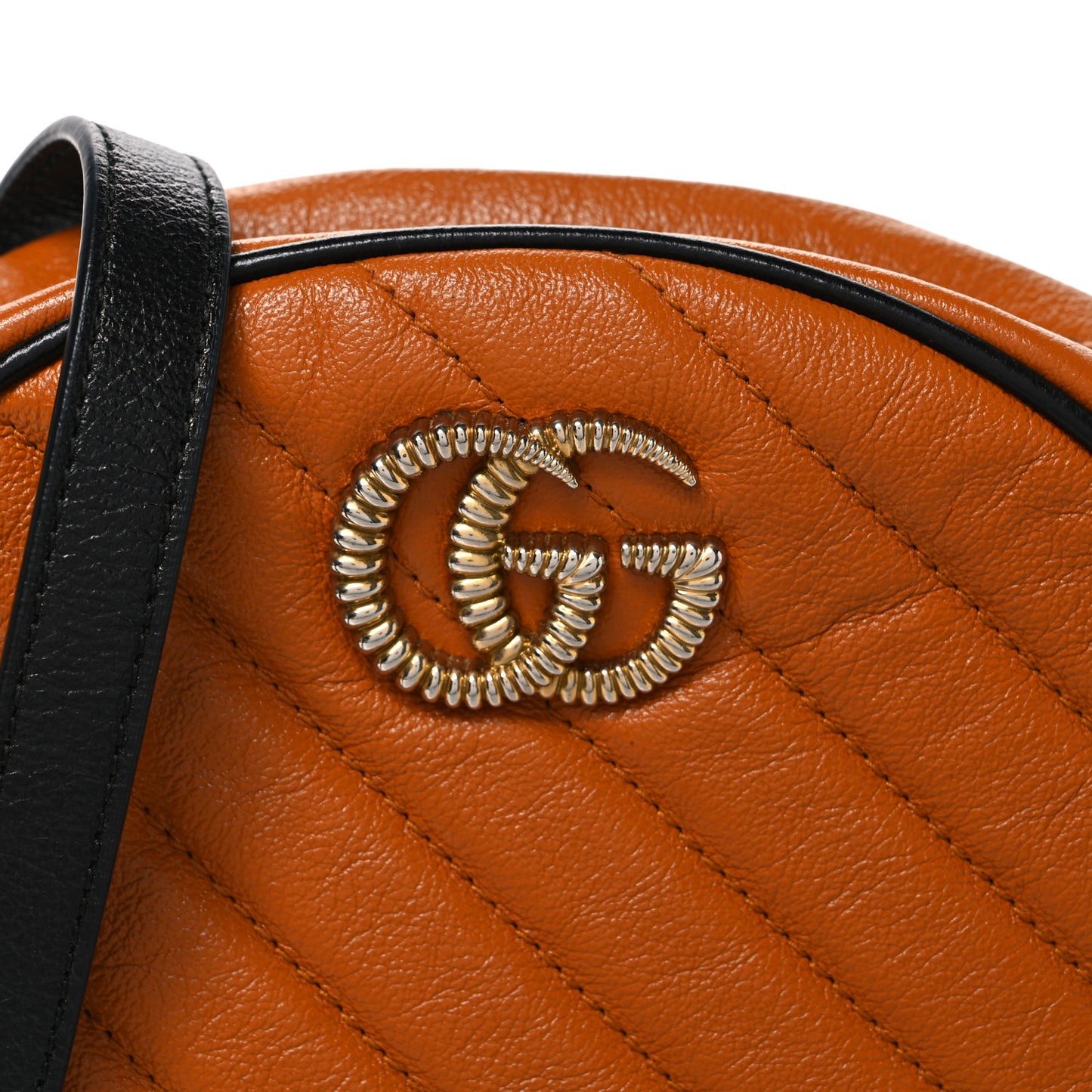 Azalea Calfskin Matelasse Diagonal Mini Torchon GG Marmont Round Shoulder Bag Cognac Black