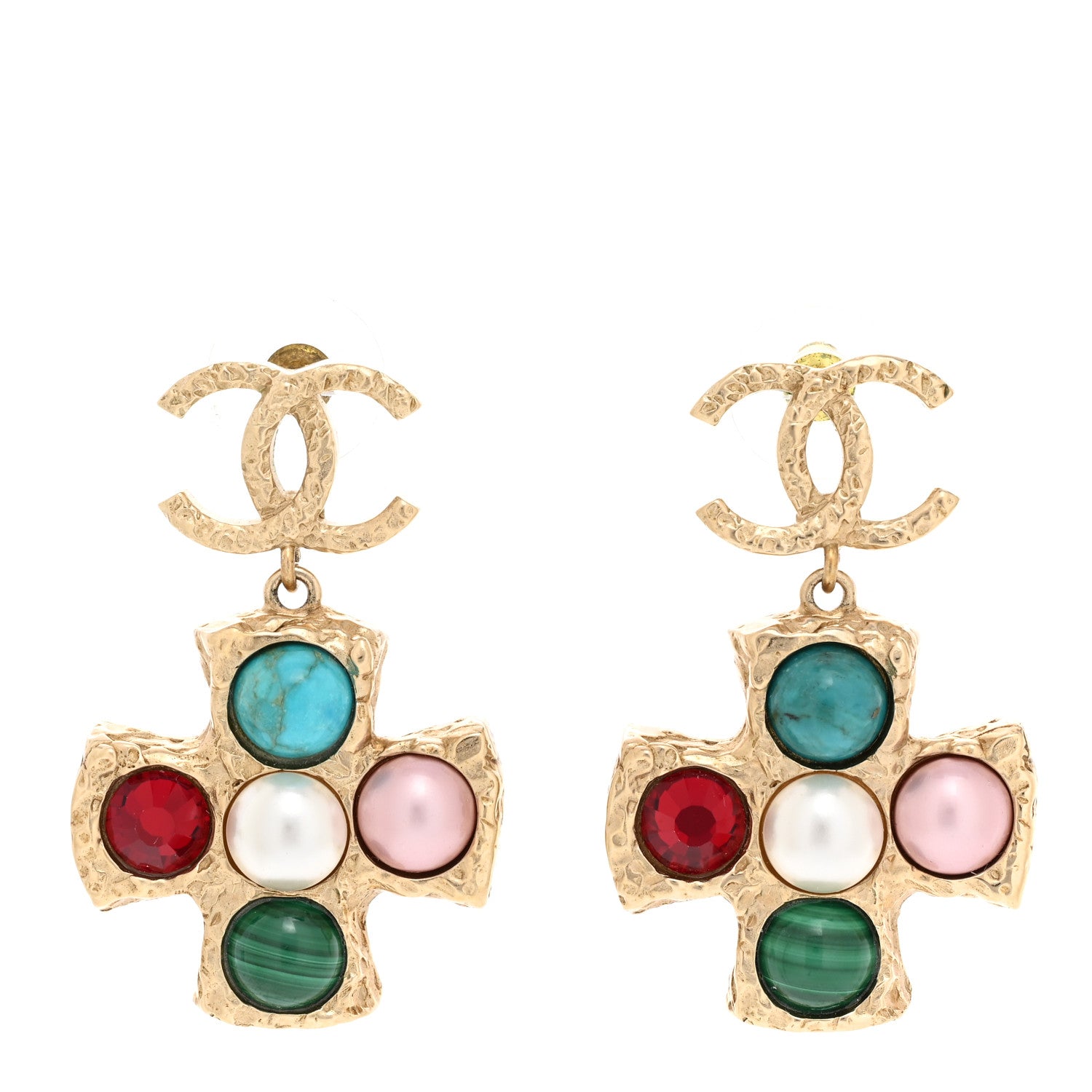 Chanel Textured Metal Stone Pearl CC Cross Drop Earrings Gold Multicolor 1 of 4