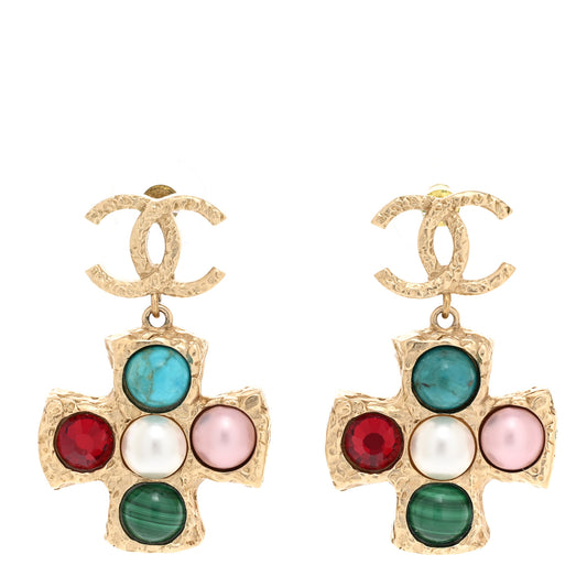 Textured Metal Stone Pearl CC Cross Drop Earrings Gold Multicolor