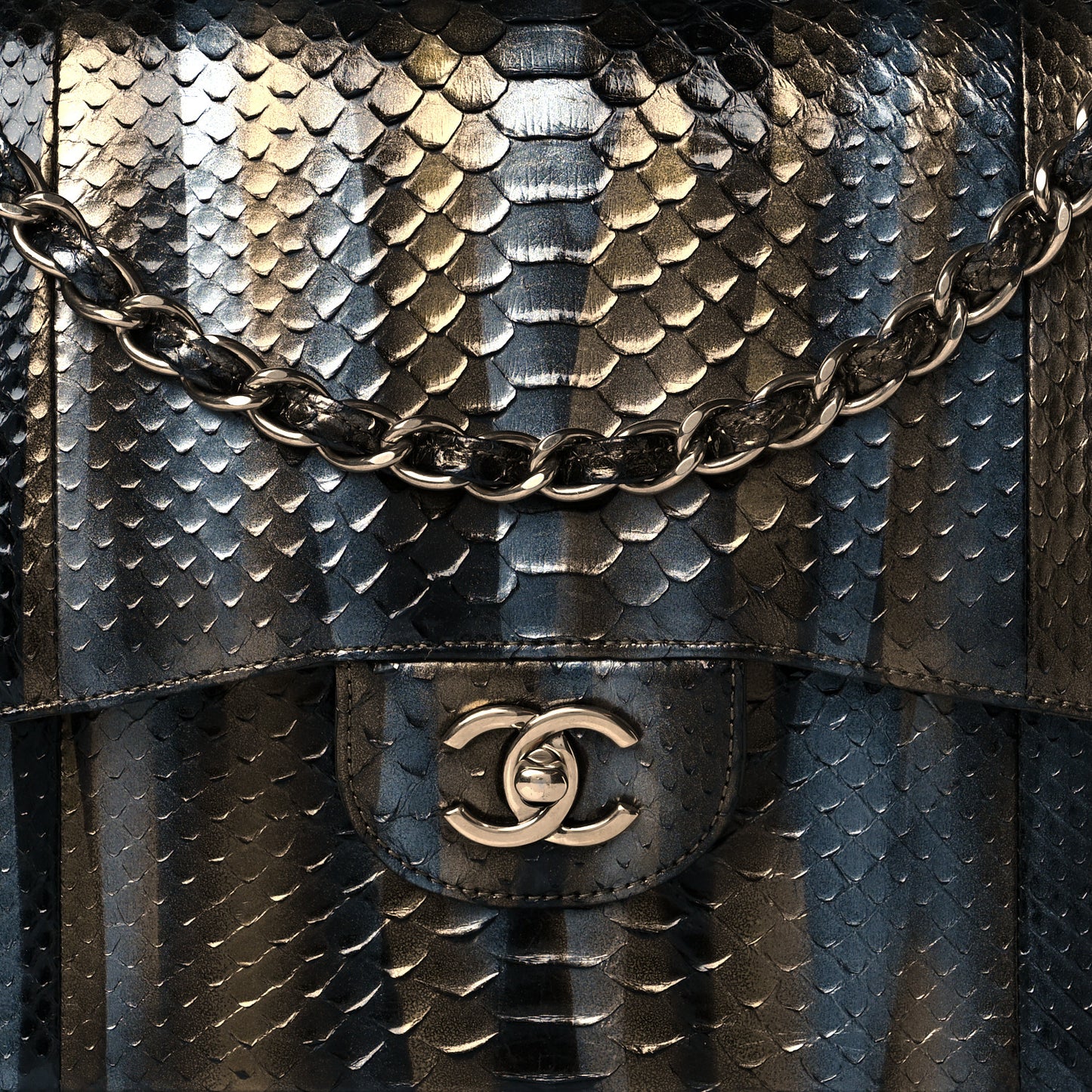 Metallic Snakeskin Jumbo Double Flap Black Gold Grey