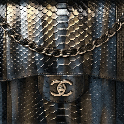 Chanel Metallic Snakeskin Jumbo Double Flap Black Gold Grey 7 of 9