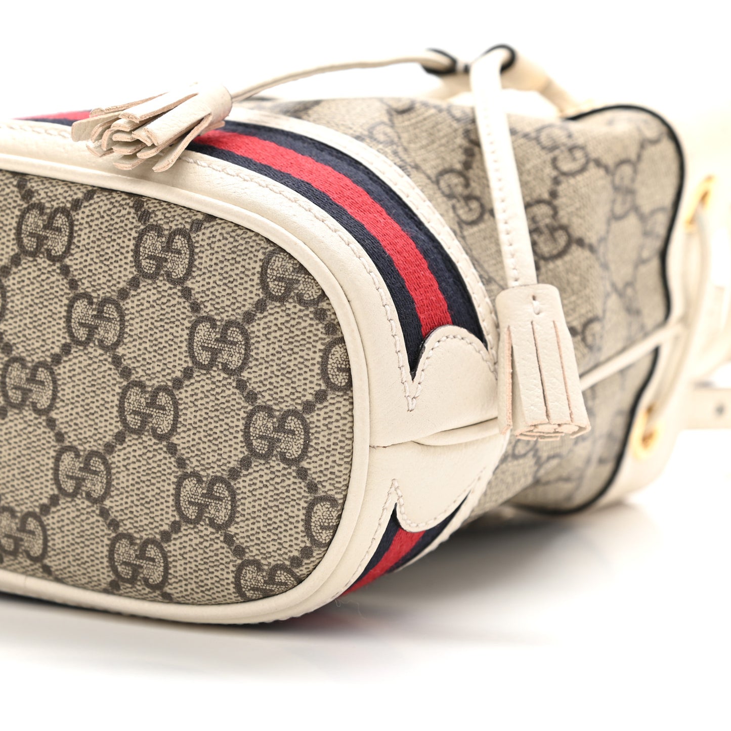 GG Supreme Monogram Textured Calfskin Web Mini Ophidia Bucket Bag Beige Ebony Mystic White
