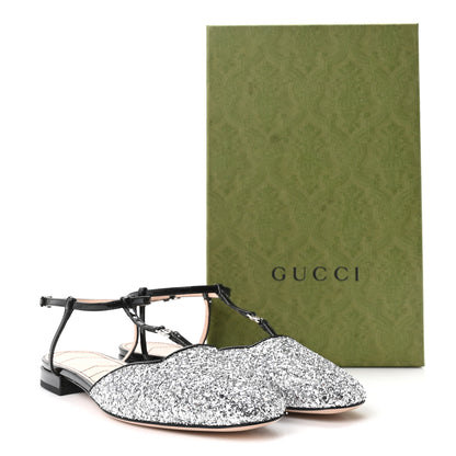Gucci Calfskin Glitter Double G Slingback Flats 37 Silver Black 9 of 9