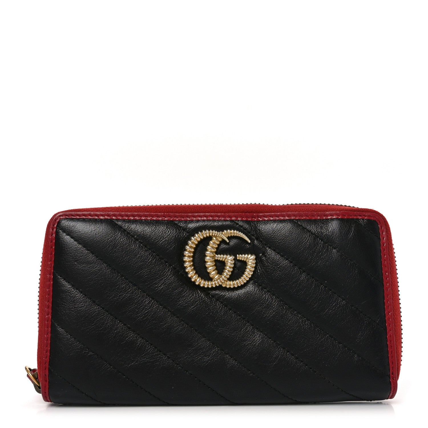 Gucci Vintage Effect Calfskin Matelasse Diagonal Torchon GG Marmont Zip Around Wallet Black Romantic Cherry 1 of 7