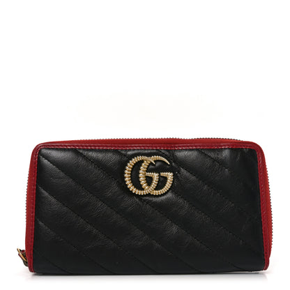 Gucci Vintage Effect Calfskin Matelasse Diagonal Torchon GG Marmont Zip Around Wallet Black Romantic Cherry 1 of 7