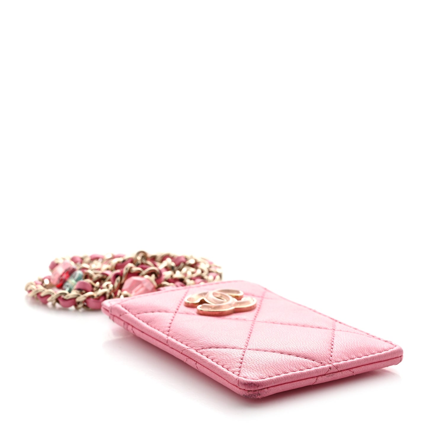 Lambskin Quilted Enamel Chanel Card Holder On Chain Pink