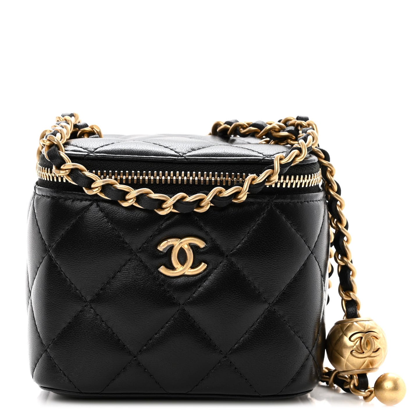 Lambskin Quilted Mini Pearl Crush Vanity Case With Chain Black