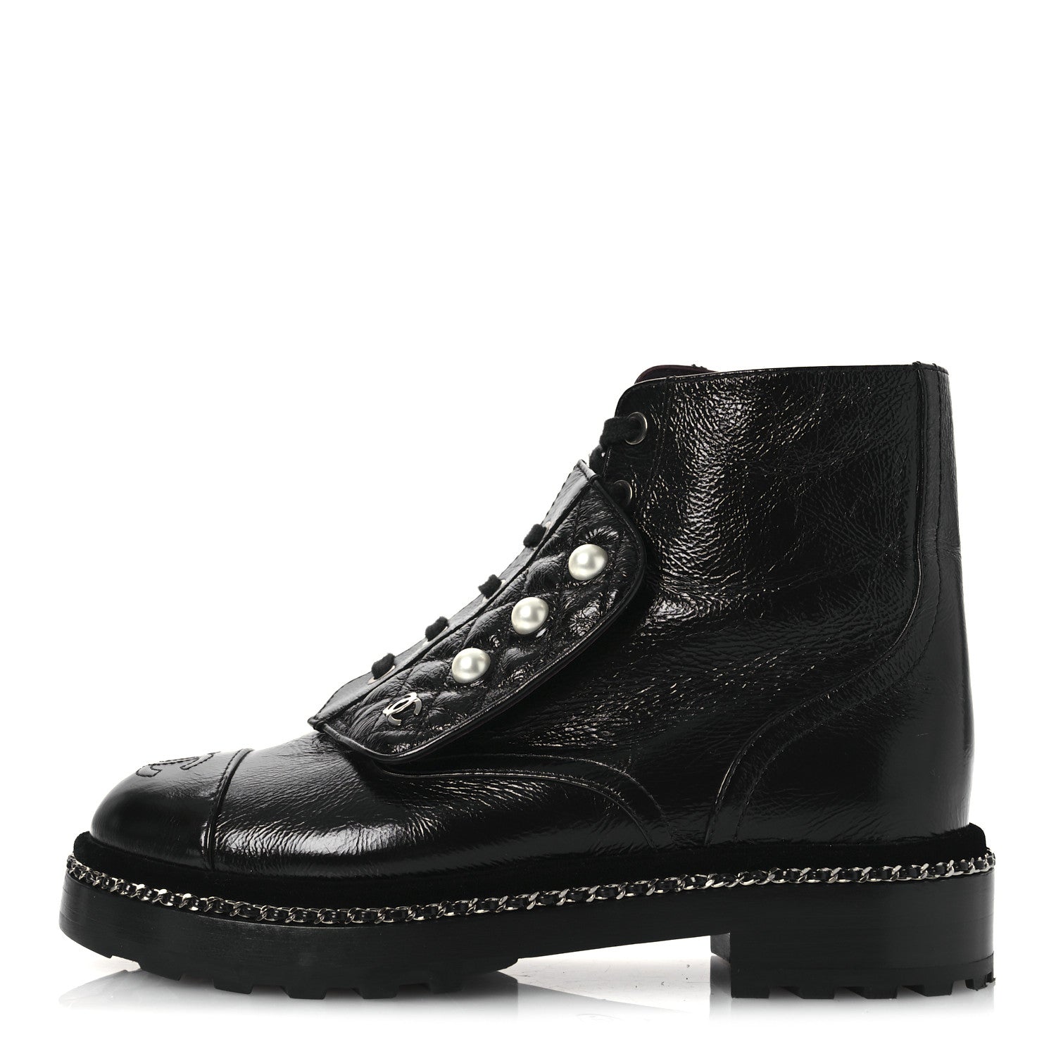 Chanel Crackled Calfskin Velvet Pearl Combat Short Boots 37 Black 1 of 11