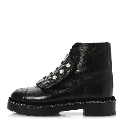 Chanel Crackled Calfskin Velvet Pearl Combat Short Boots 37 Black 1 of 11